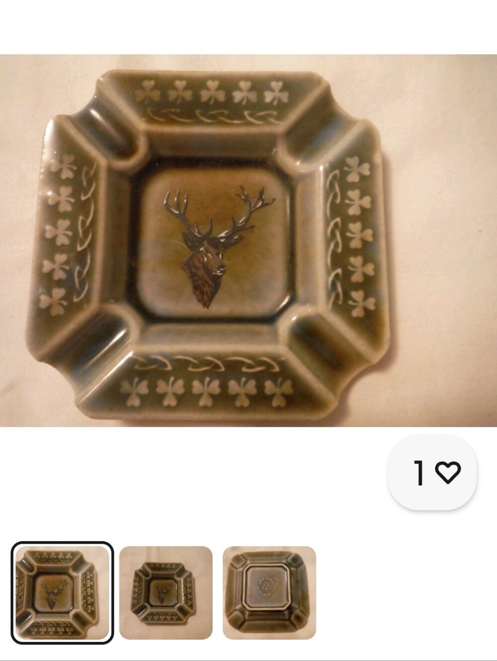 Vintage Olive Green Ceramic Deer Motif Ashtray